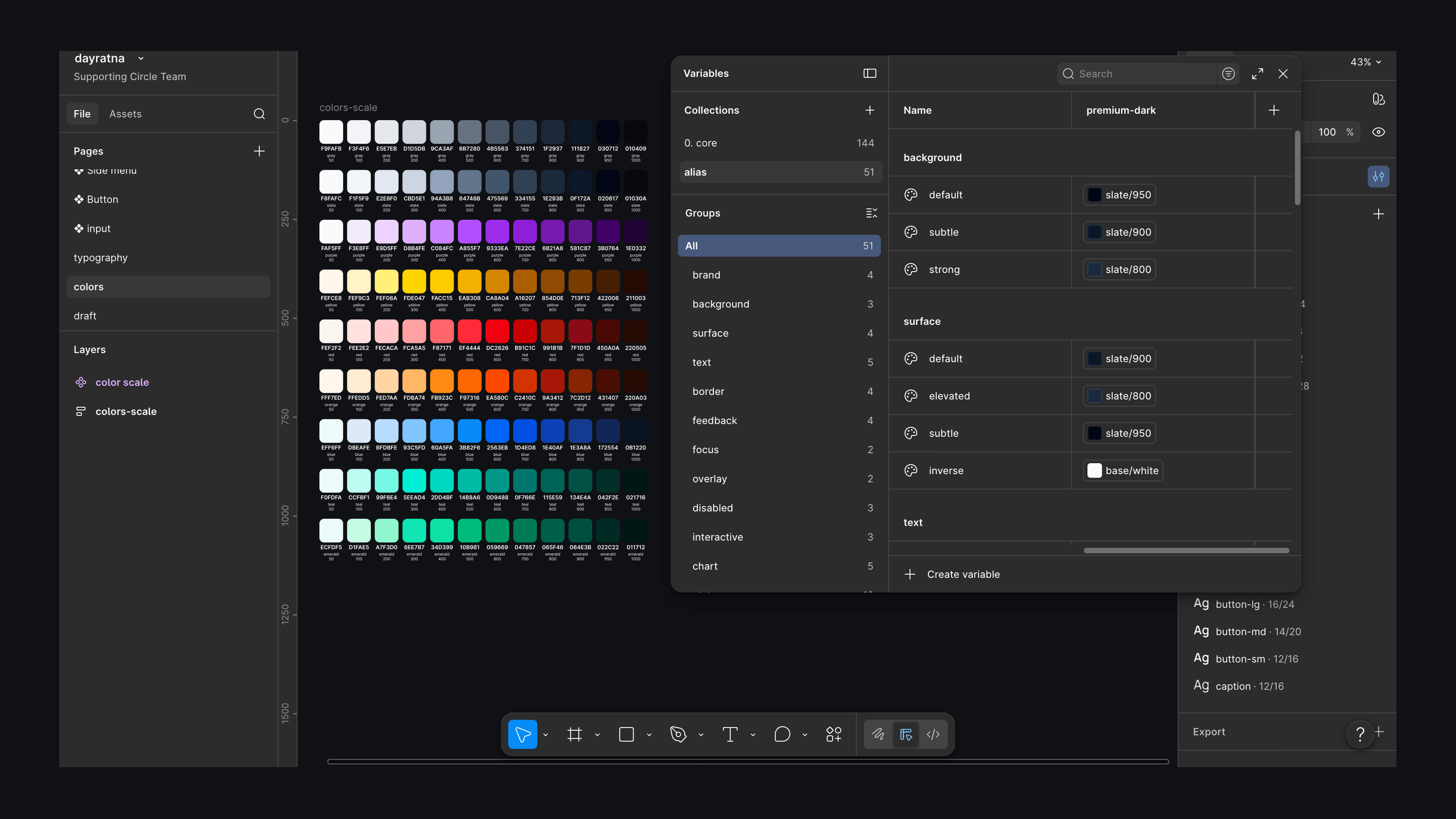 Design system tokens shown across light and dark modes