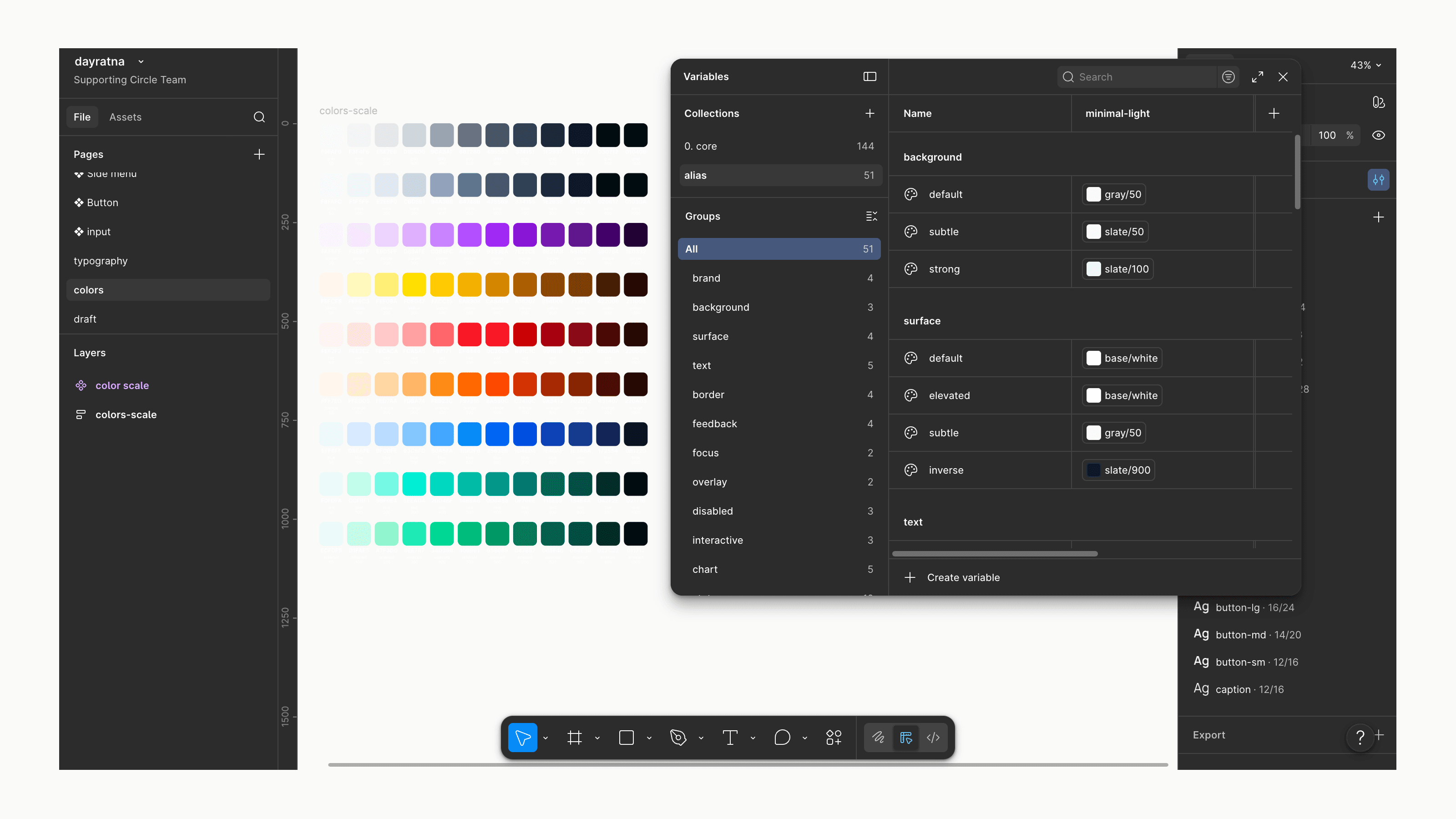 Design system tokens shown across light and dark modes