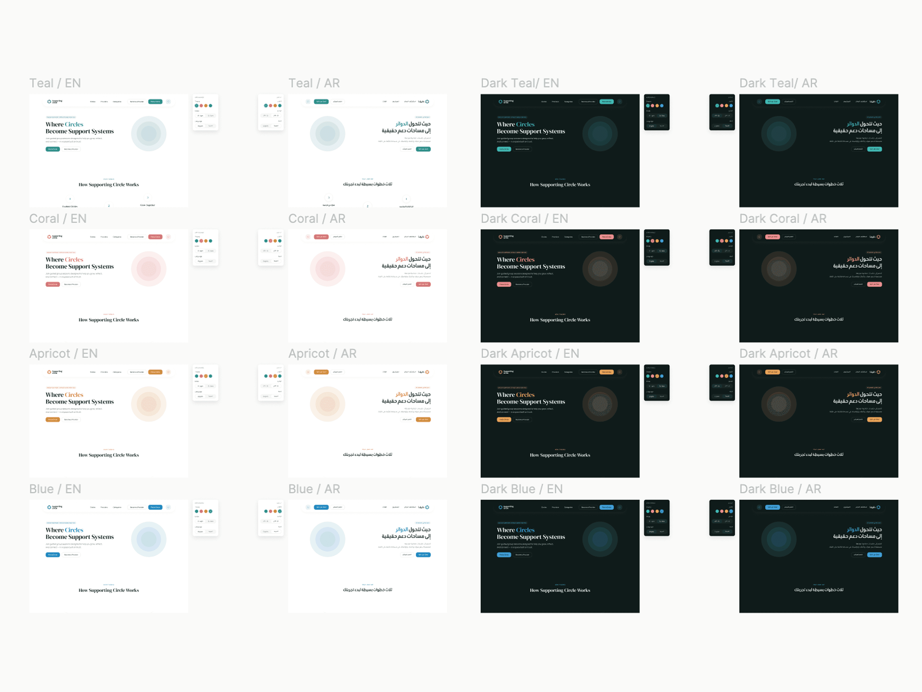 Da’eratna platform — circle detail screen in Arabic showing categories and theme picker