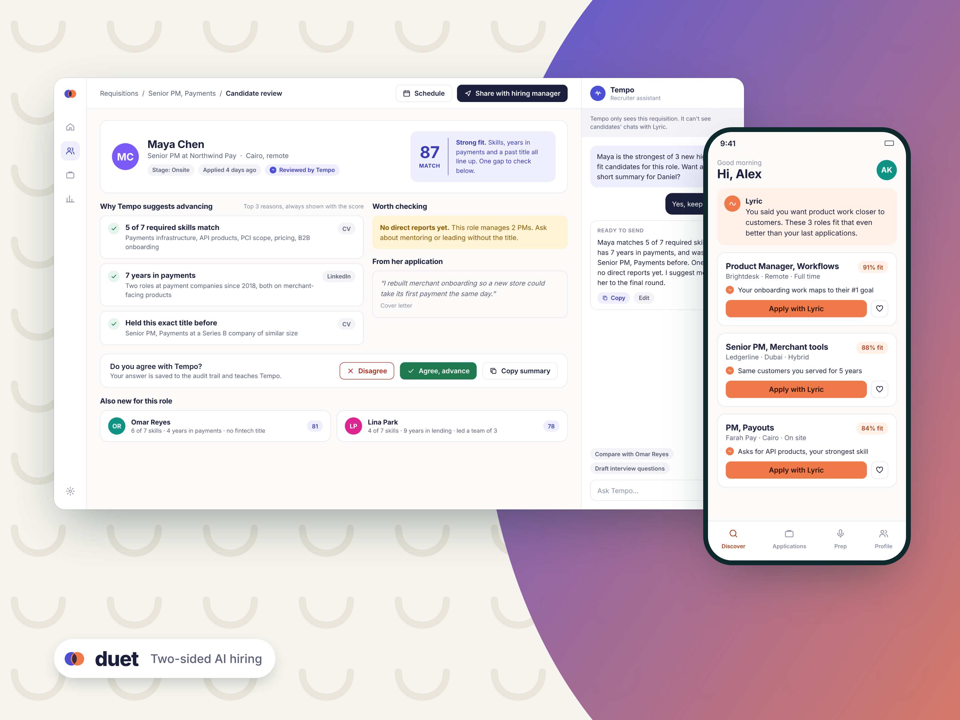 Duet — recruiter view showing candidate score with reasons