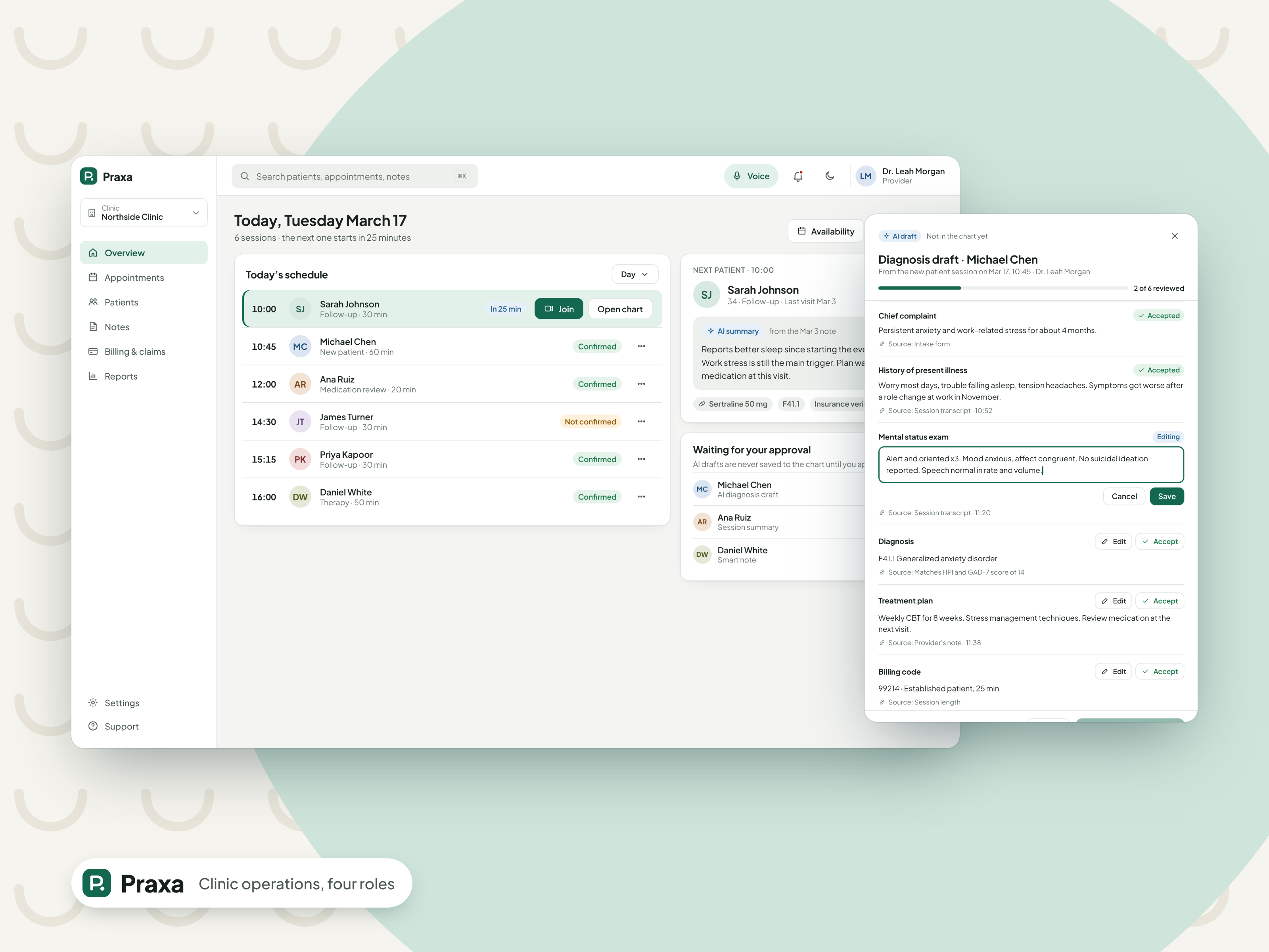 Praxa provider dashboard with an AI diagnosis draft