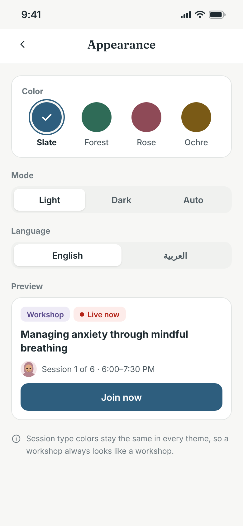 Appearance settings in English light