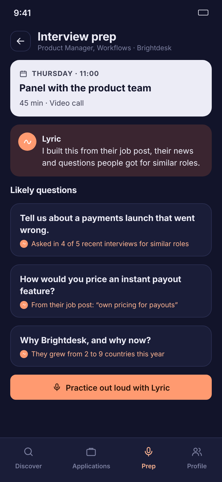 Lyric interview prep built from the specific role