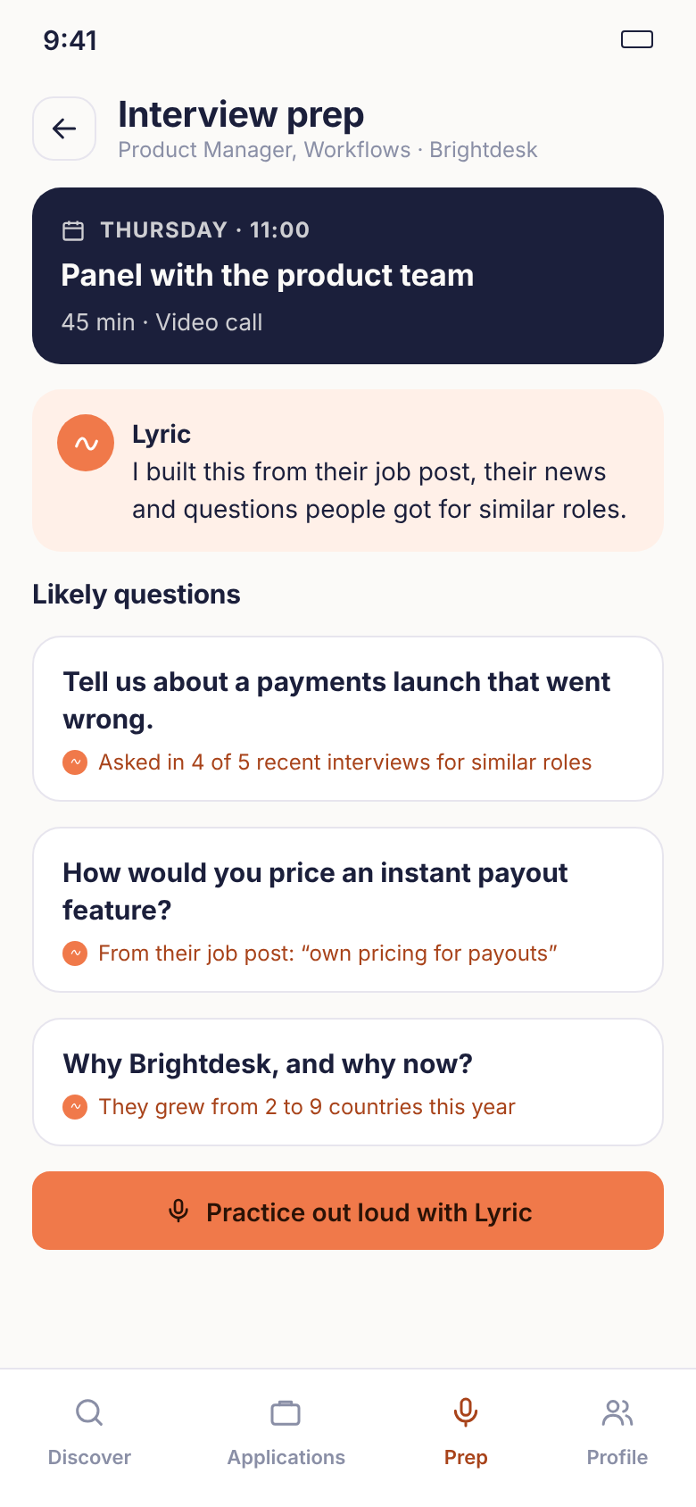 Lyric interview prep built from the specific role