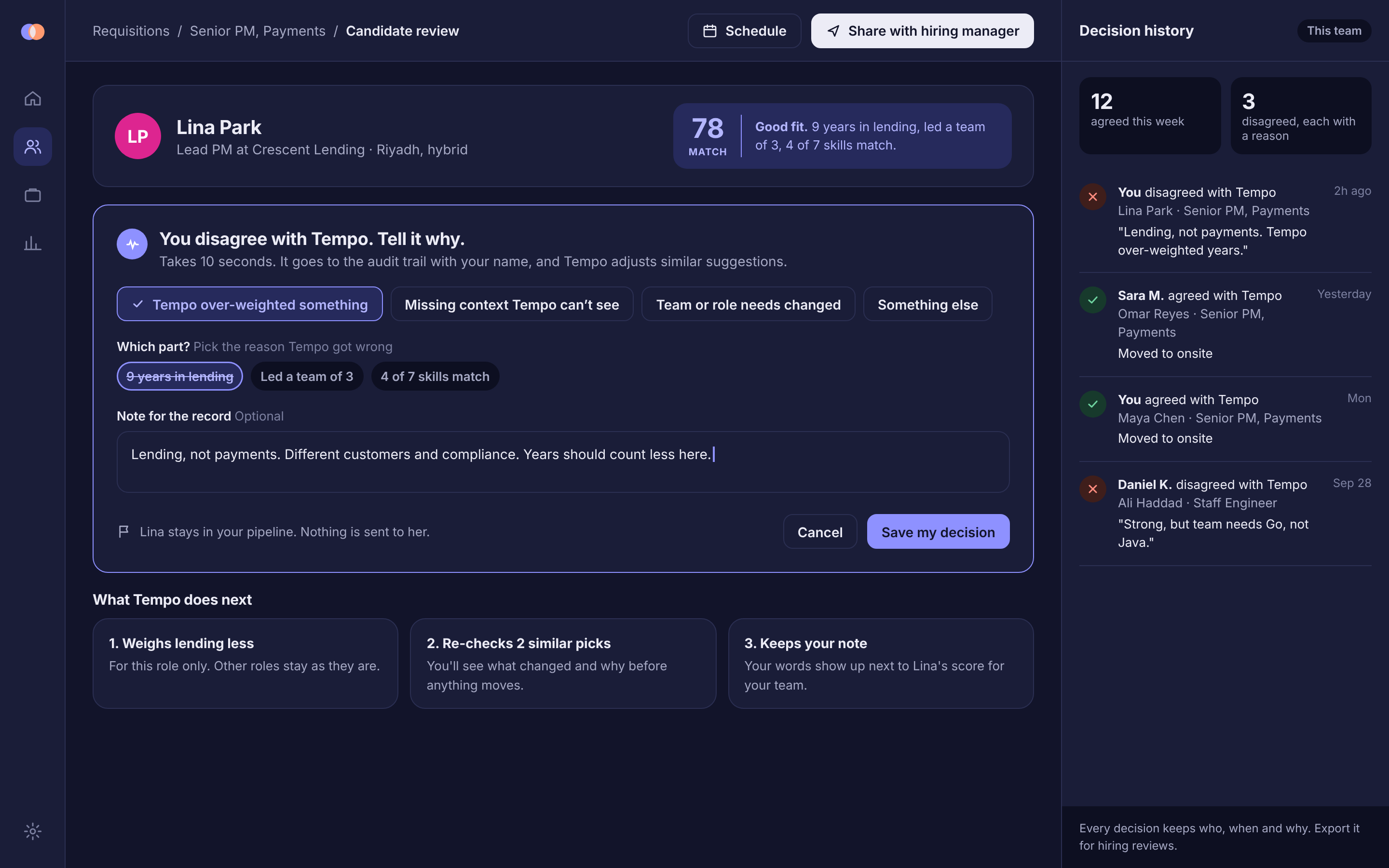 Disagreement flow where recruiter marks an AI suggestion as wrong