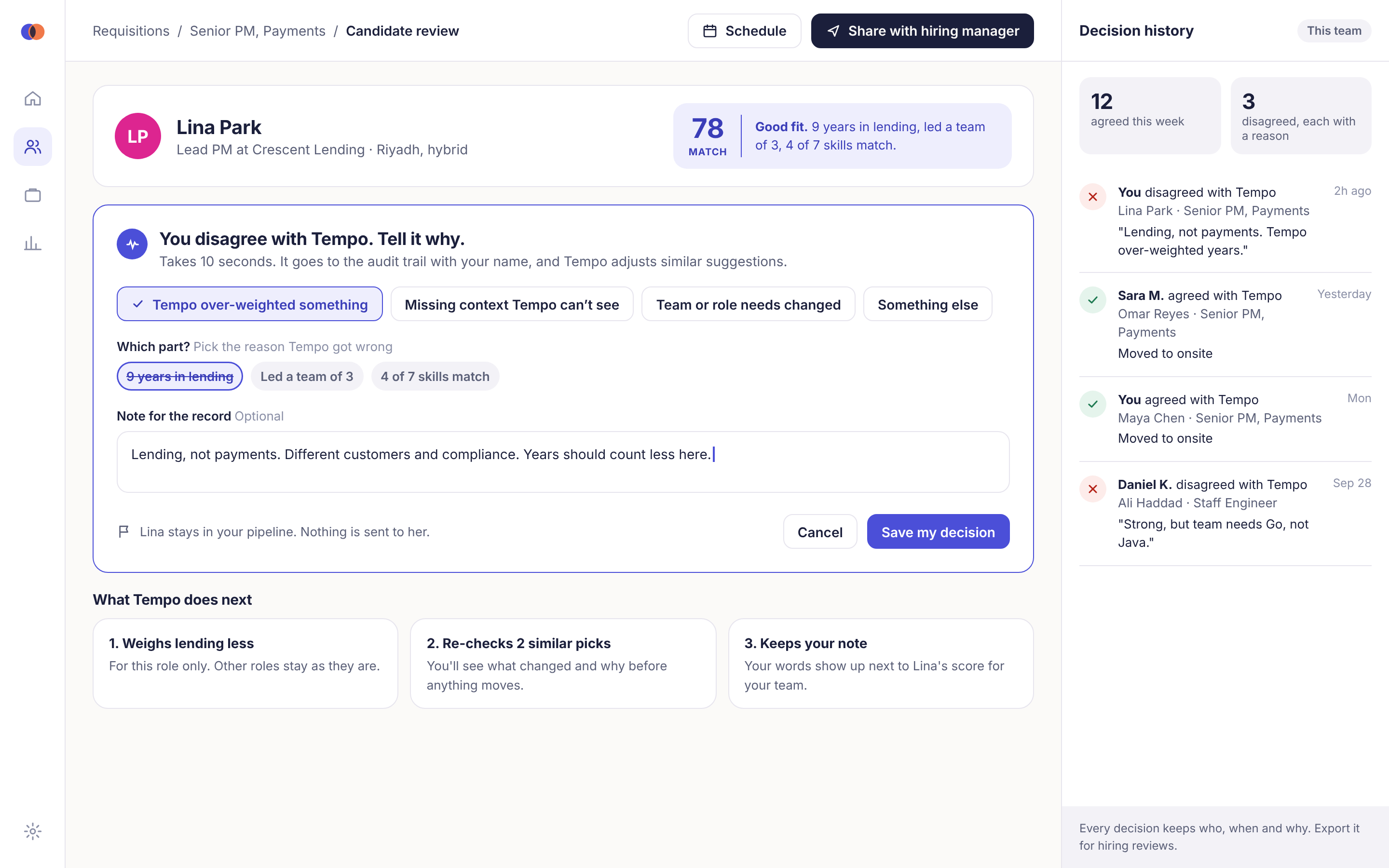 Disagreement flow where recruiter marks an AI suggestion as wrong