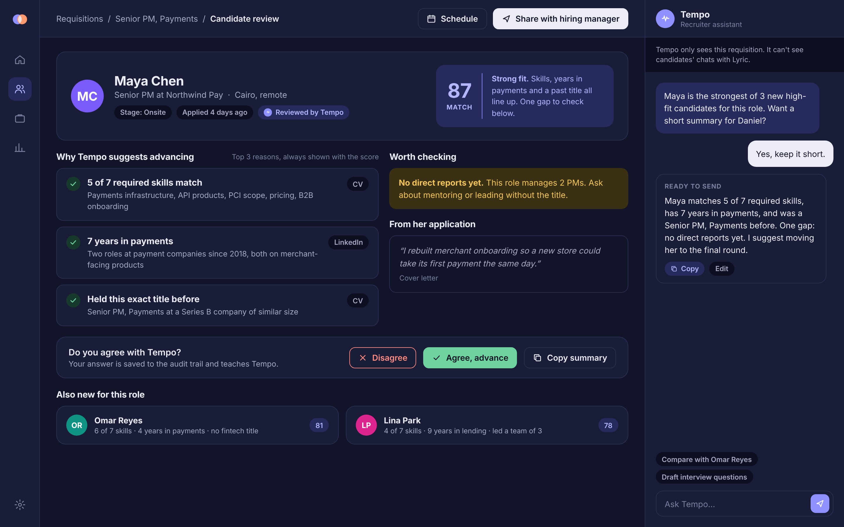 Tempo recruiter view showing candidate score and reasons together