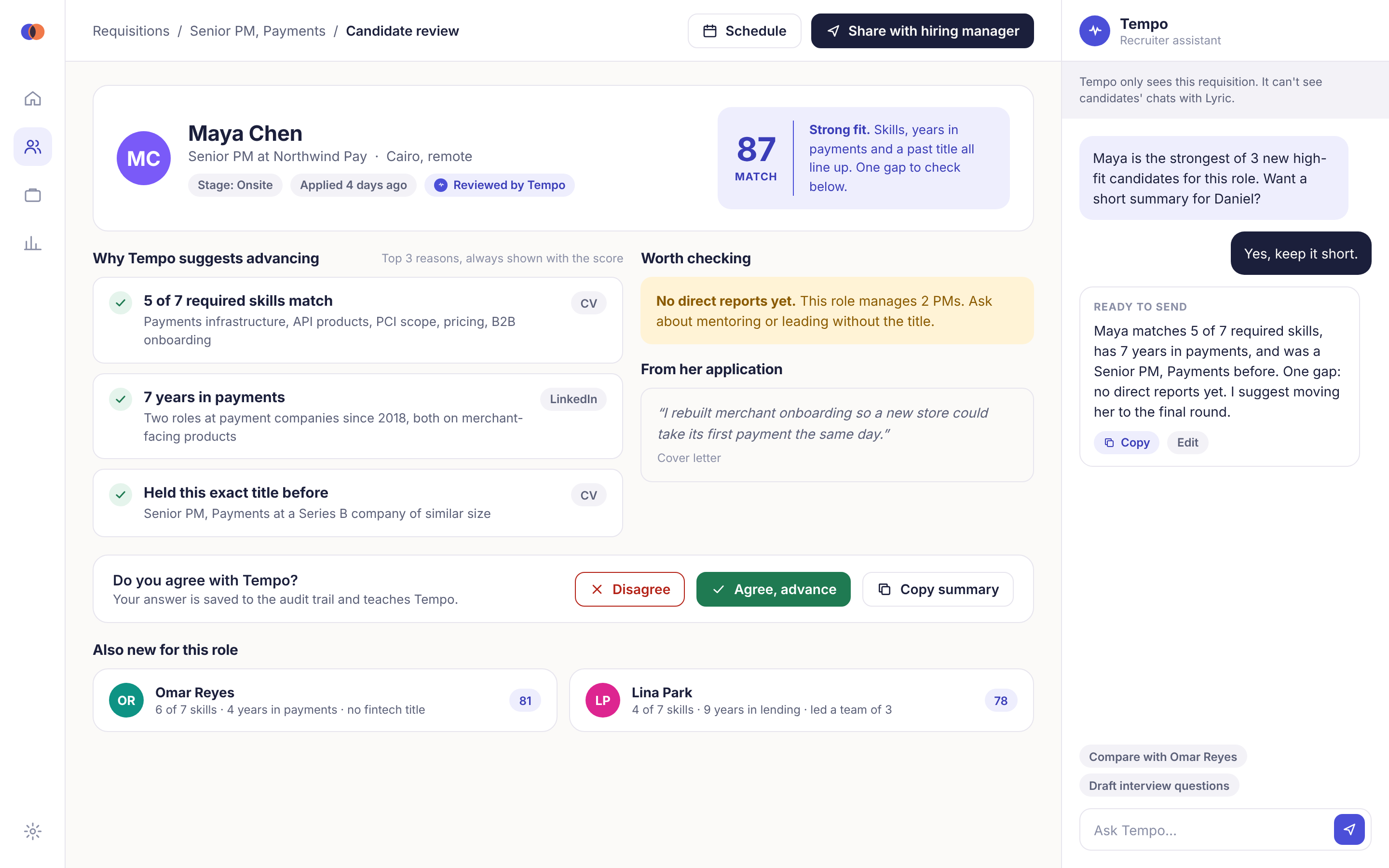 Tempo recruiter view showing candidate score and reasons together