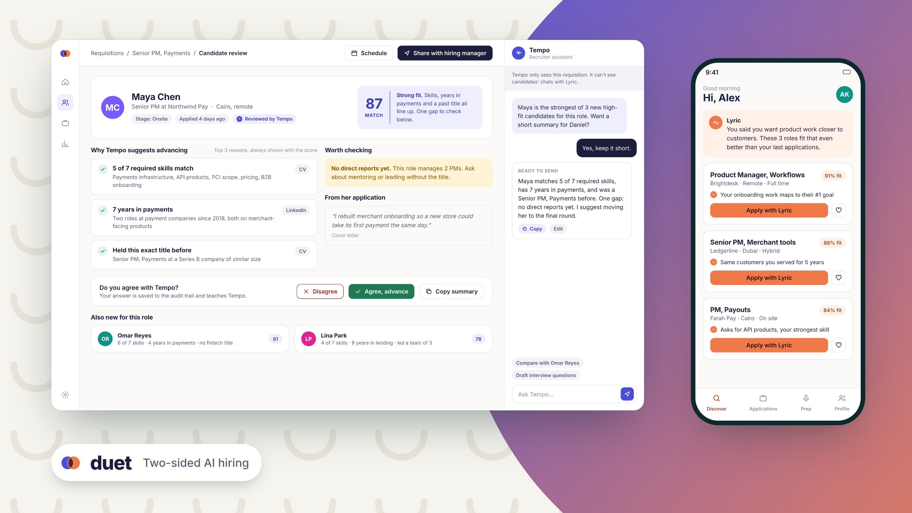 Duet hiring platform — recruiter AI assistant showing candidate match analysis