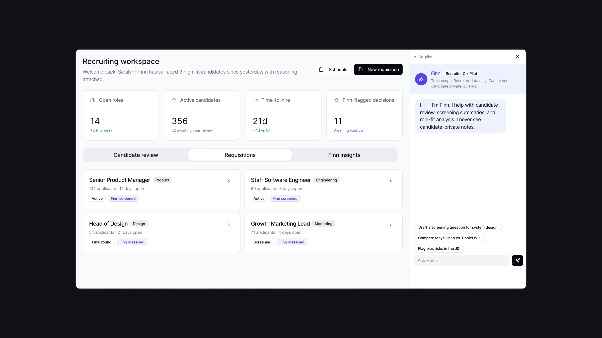 Finn candidate review screen showing score paired with top 3 reasons