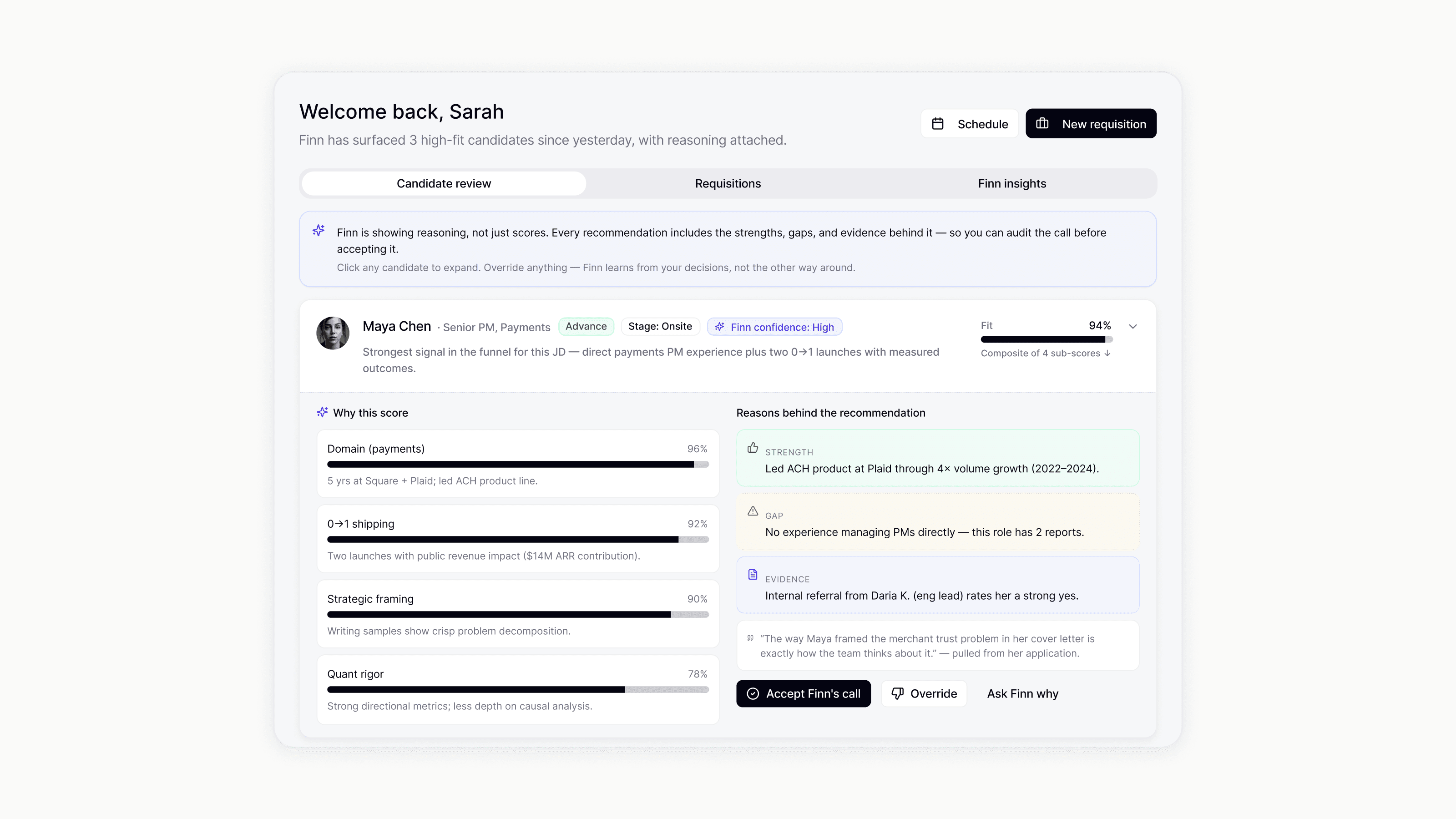 Got-AI hiring platform — Finn AI assistant showing candidate match analysis