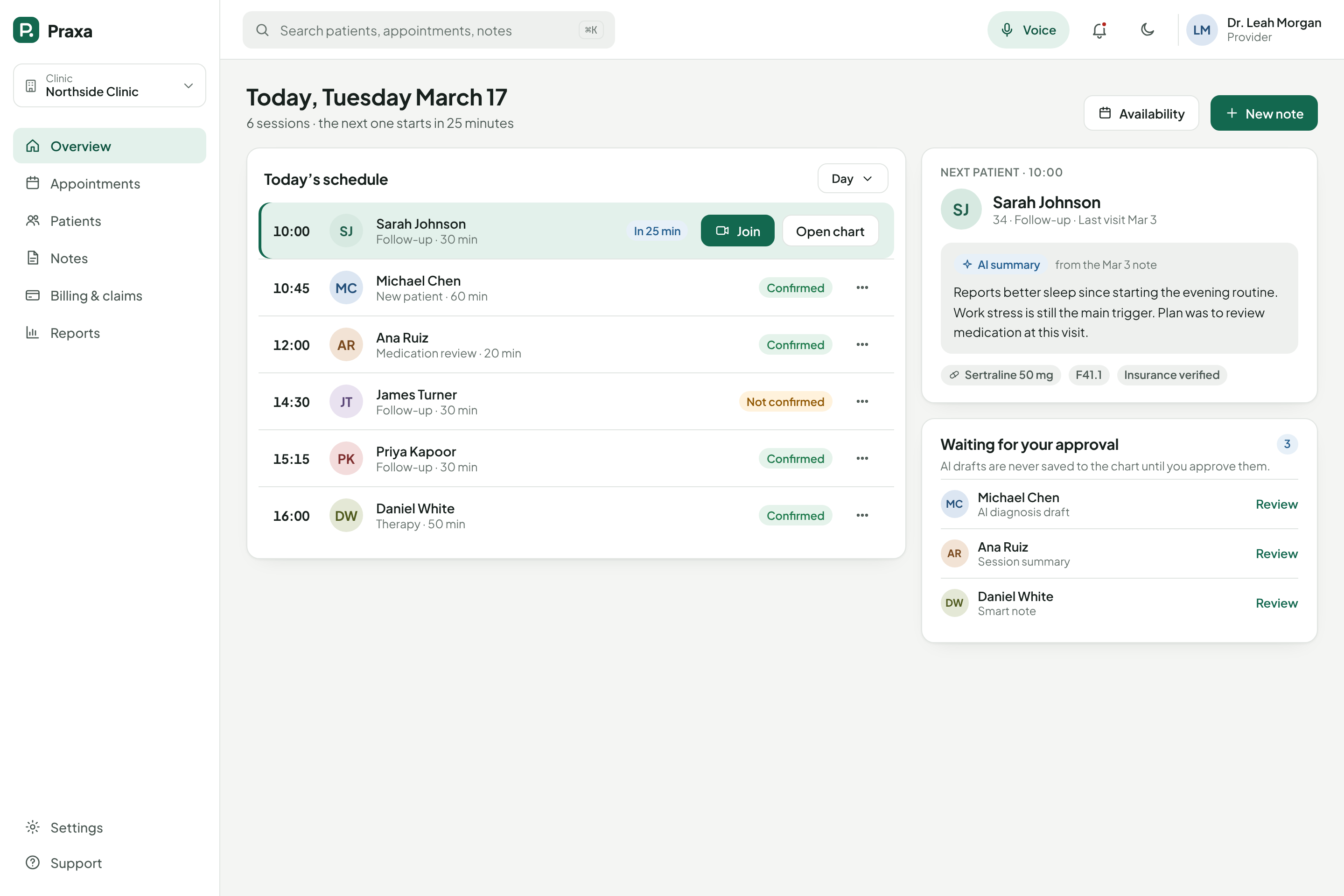 Provider home: today's schedule, the next patient, and AI drafts waiting for approval