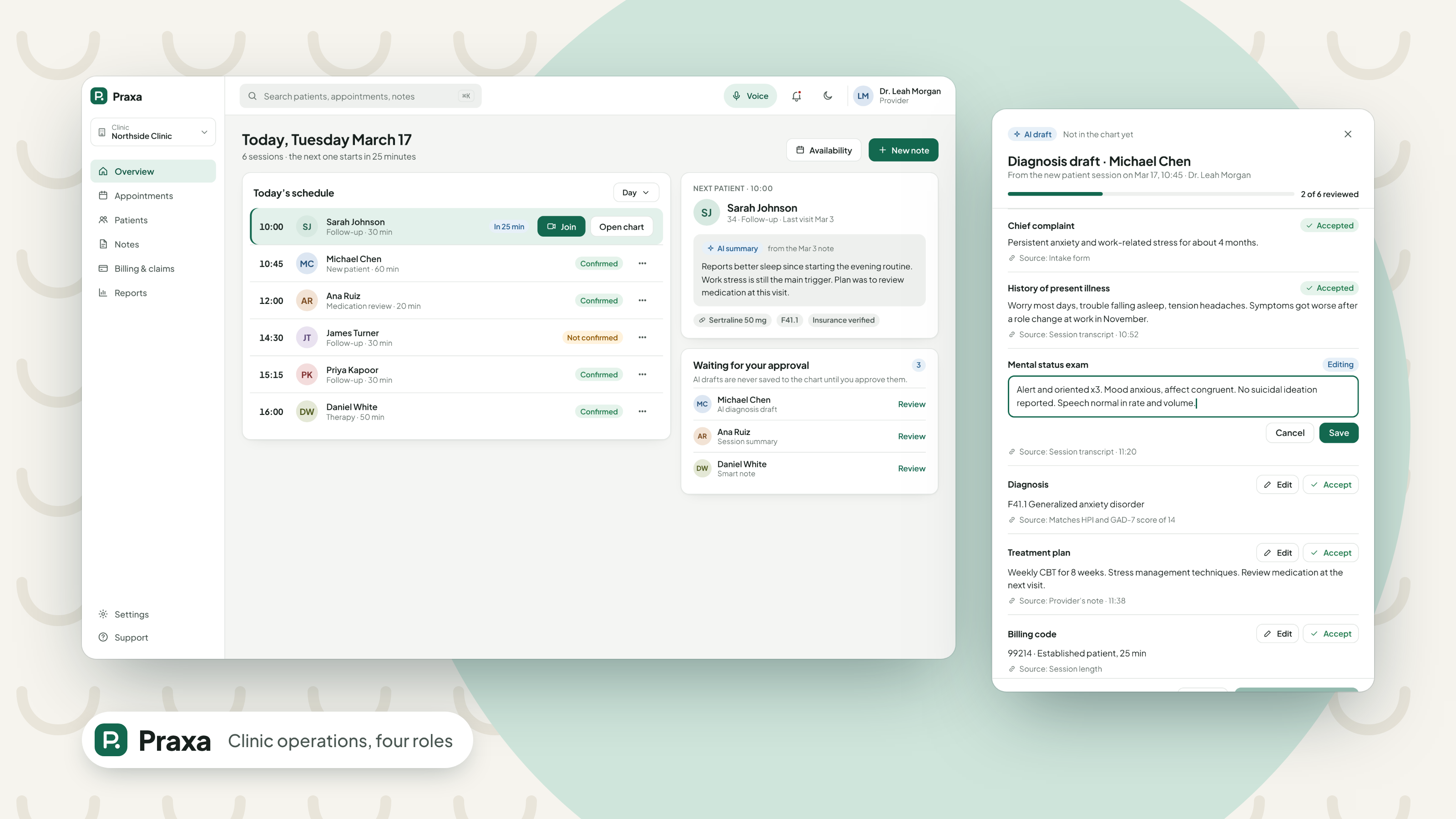 Praxa clinic platform, provider view and AI draft review