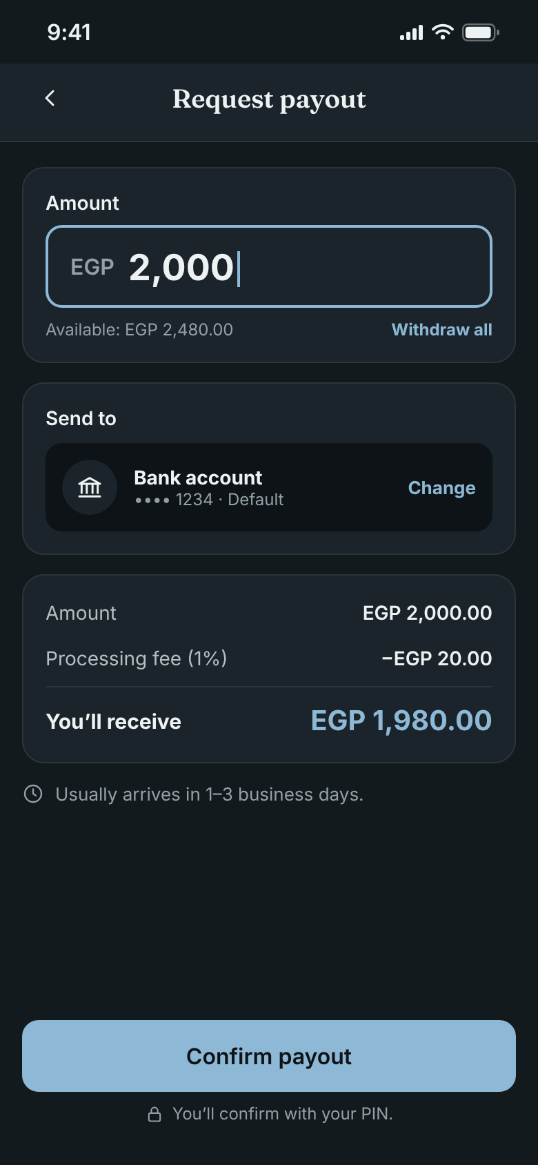 Payout request in English